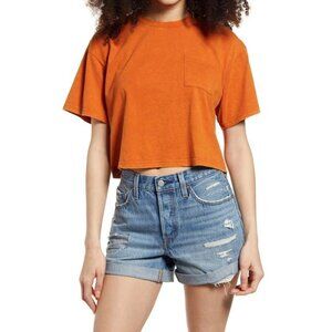 BP Womens Size Large Cropped Washed Pocket Tee in Rust Amber Orange 1551
